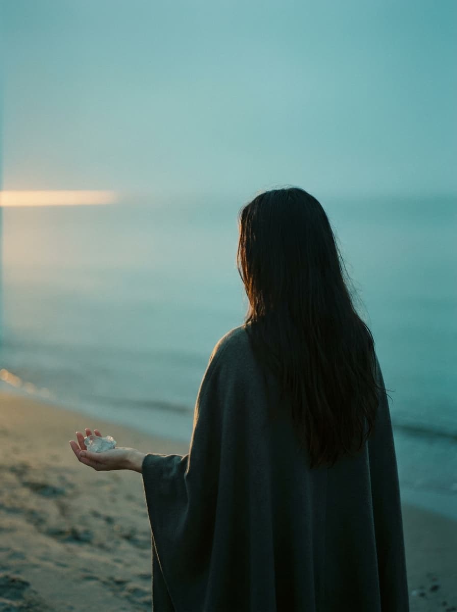 Frau am Meer bei Sonnenaufgang mit einem Kristall in der Hand
