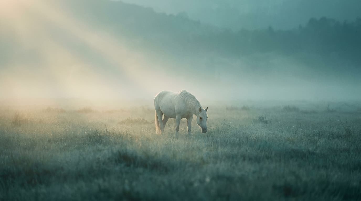 Weisses Pferd in einer nebligen Morgenwiese